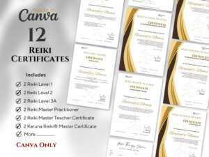 Reiki Certificate Bundle -12 Reiki Editable Certificates Bundle | Reiki Achievement Certificates | Levels 1, 2, 3A, Master Practitioner, Master Teacher & Karuna Reiki