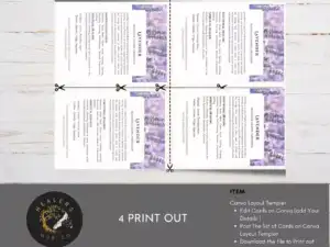 30 Herb Smudge Cards - Instant Download - Canva Template 7 A photo of a smudge card with a lavender flower on it. The card is purple and has a white border. The text on the card reads "Lavender - Spiritual Healing, Emotional Healing, Relaxation, Calming, Purification