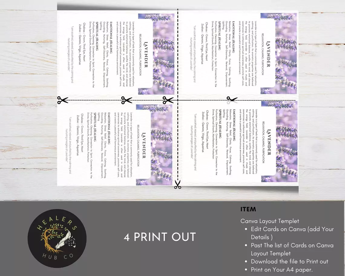 30 Herb Smudge Cards – Spiritual | Smudging Cards, Smudging Prayer Cards & Smudging Instructions, and Smudging Guide, Energy Cleansing Kit A photo of a smudge card with a lavender flower on it. The card is purple and has a white border. The text on the card reads "Lavender - Spiritual Healing, Emotional Healing, Relaxation, Calming, Purification