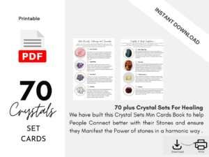 This is a digital download of a 70-page Crystal Sets For Healing  book. The book includes information on how to use crystals for healing, as well as specific crystal combinations for various purposes, such as reducing anxiety, boosting confidence, and promoting creativity. The cards are designed to help people connect better with their stones and manifest the power of stones in a harmonious way.