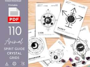 A collection of printable animal spirit guide crystal grids with meanings and templates for creating your own grids.