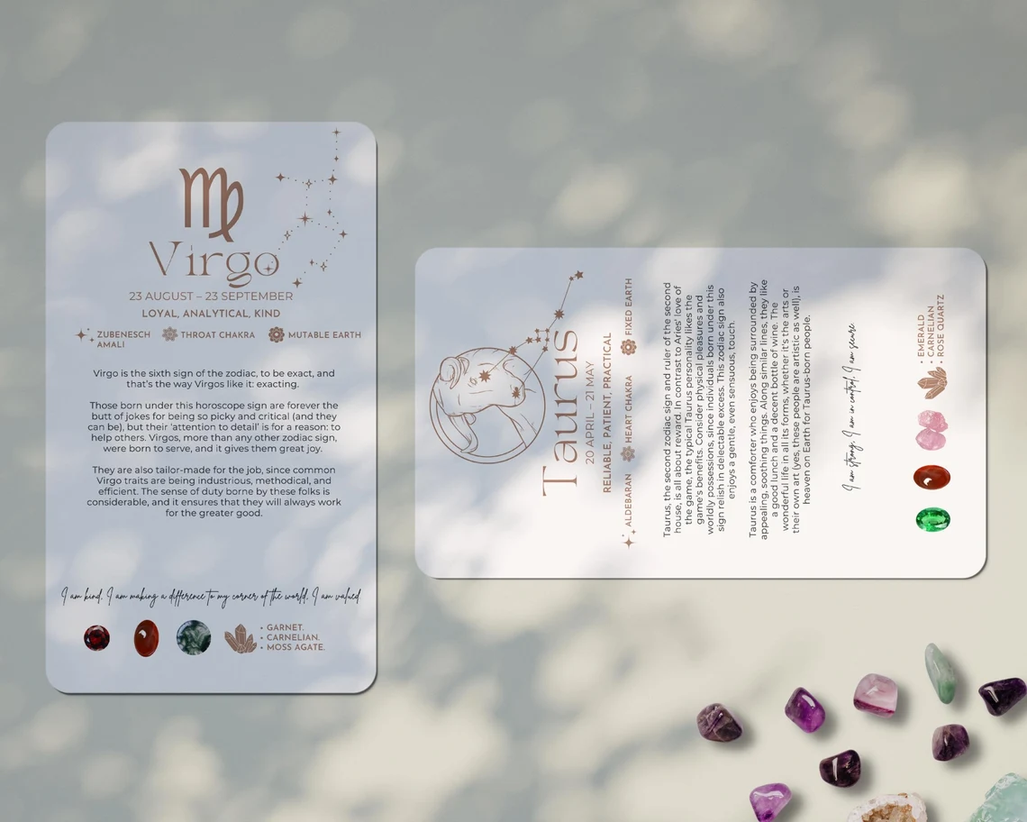 il_1140xN.4165383589_ae9k 46 Editable and printable zodiac signs cards are an excellent addition to your store! You may use them as zodiac sign wall art, crystal meaning cards, crystal packaging inserts, jewelry display cards, necklace or earring packaging inserts, or to make personalized crystal kits for your business! All of our products are immediate downloads, which means you pay less, don't pay shipping costs, and get your product right away!