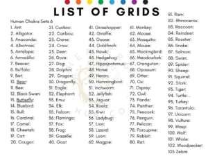 A list of 110 animal spirit guides with corresponding crystal grids and meanings.