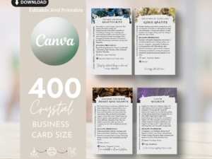 Edit and print your own crystal information cards with this set of 400 templates. Each card features a crystal name, image, healing properties, and more.