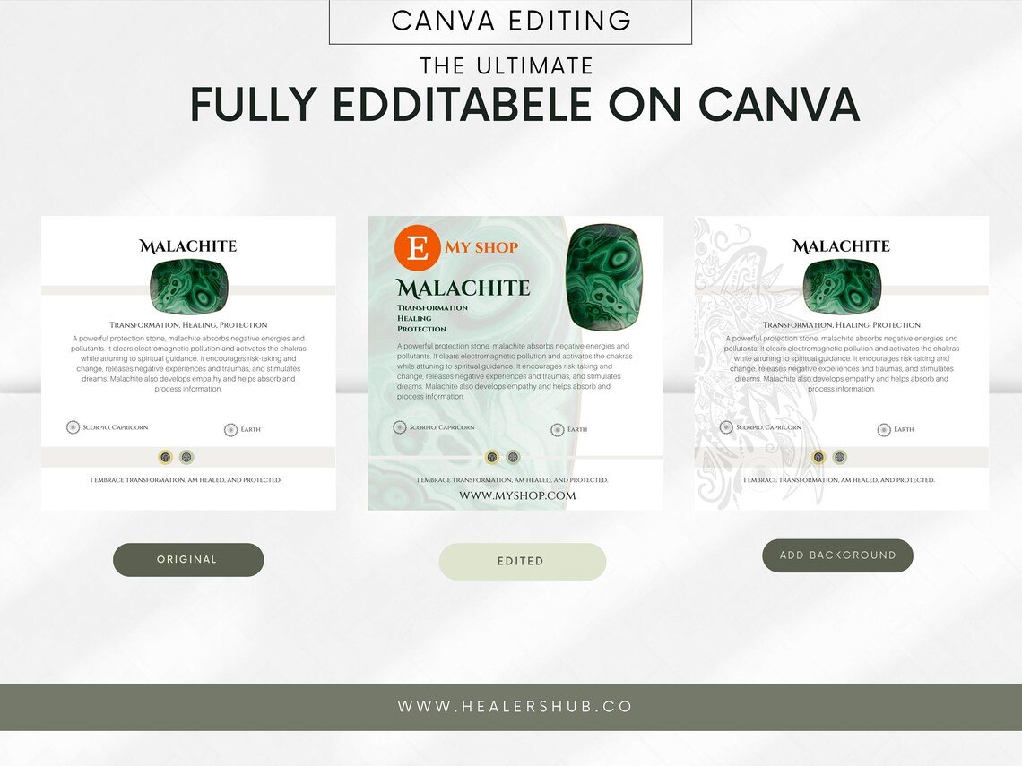 Customizable Malachite Crystal Meaning Cards on Canva – Original to Unique A trio of Malachite crystal meaning cards shown in different stages of customization: original, edited with a shop watermark, and with an added decorative background, all editable on Canva