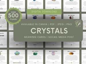 500 Editable And Printable Crystal Meaning Cards 1080 2 Collage of editable and printable crystal meaning cards showcasing over 500 crystals for digital download, available in multiple formats including Canva, PDF, JPEG, and PNG