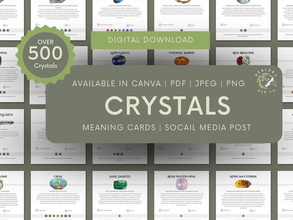 500+ Crystal Meaning Cards – Editable & Printable Digital Downloads Collage of editable and printable crystal meaning cards showcasing over 500 crystals for digital download, available in multiple formats including Canva, PDF, JPEG, and PNG