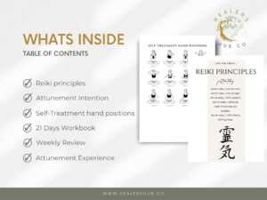 il 1140xN.4773426224 r3ah Reiki Attunement Workbook - 21-Day Workbook Daily emotional , Spiritual and Physical Wellbeing - The Reiki Attunement Workbook includes essential tools and resources such as self-treatment hand positions, Reiki principles, attunement intention, daily exercises, journal prompts, and weekly review. All of these features are designed to enhance your students' Reiki practice and support them on their self-attunement journey.