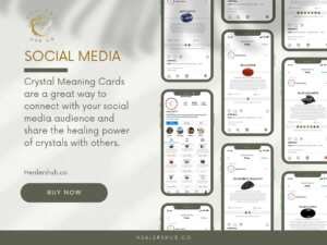500 Editable And Printable Crystal Meaning Cards 1080 5 A series of crystal meaning card posts displayed on various social media profiles, promoting interaction and engagement with an online audience