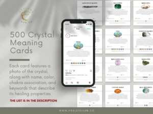 500 Editable And Printable Crystal Meaning Cards 1080 3 Display of a smartphone featuring a social media post from 'Healers Hub Co' with a crystal meaning card, surrounded by a variety of crystal meaning cards detailing names, colors, chakras, and healing properties