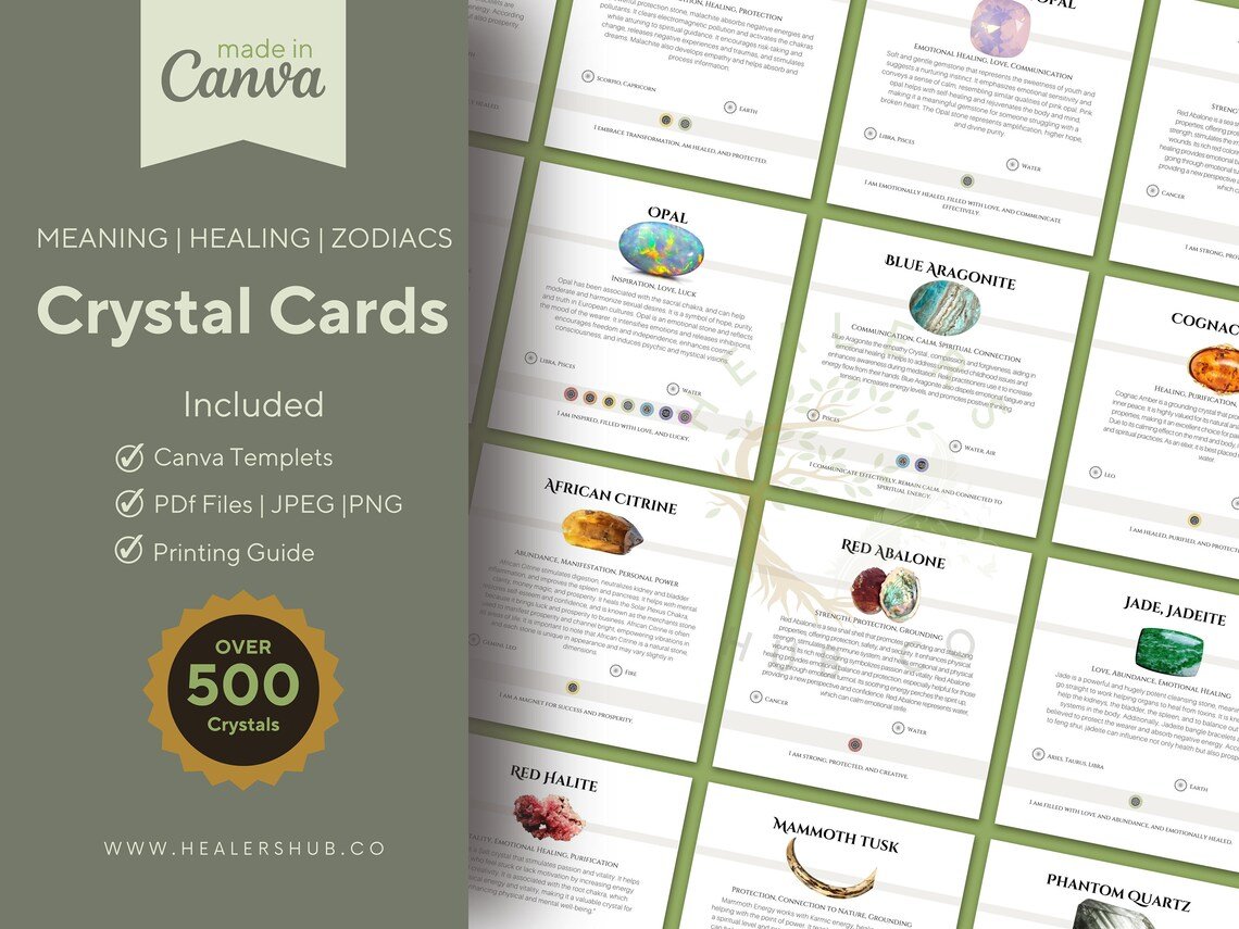 Crystal Cards Printable PDF 500 Editable and Printable Crystal Meaning Cards in Canva