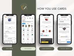 500 Editable And Printable Crystal Meaning Cards 1080 4 Four smartphones displaying the versatile use of crystal meaning cards on various platforms: an Etsy shop listing, an Instagram profile, a product page on a website, and a social media informational post.