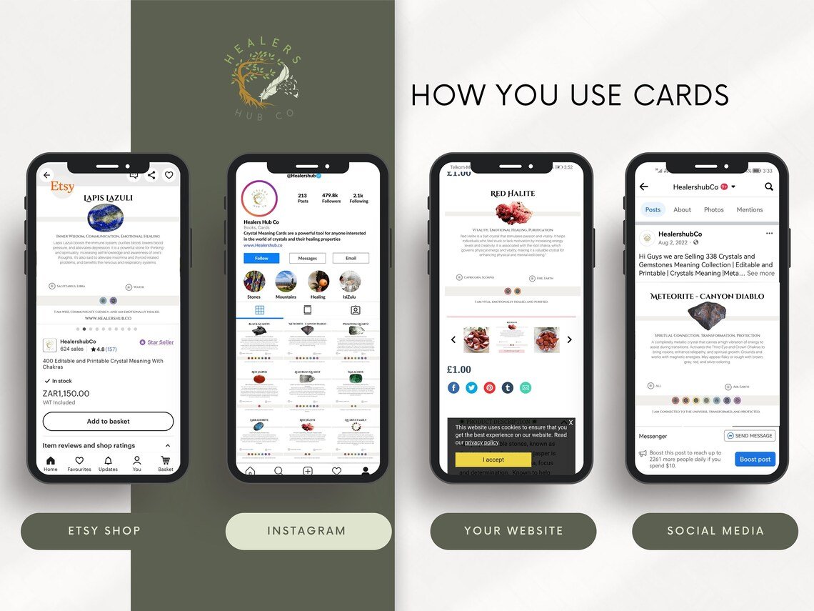 Multi-Platform Crystal Meaning Cards – Enhance Your Etsy, Instagram, Website, and Social Media Four smartphones displaying the versatile use of crystal meaning cards on various platforms: an Etsy shop listing, an Instagram profile, a product page on a website, and a social media informational post.