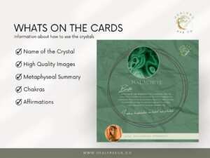 "Informative Instagram post card featuring Malachite crystal from Healers Hub Co, outlining benefits like meditation and chakra alignment.