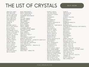 Extensive list of crystals with varied properties available on Healers Hub Co, with a 'Buy Now' button for immediate purchase
