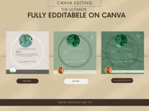 Step-by-step editing process of Crystal Meaning Cards on Canva, showcasing original, edited, and background addition versions.