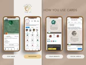 Healers Hub Co's Crystal Meaning Cards displayed across Etsy shop, Instagram, a website, and social media platforms