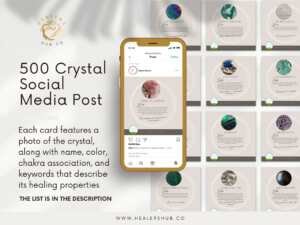 Crystal Meaning Instagram - Preview of Healers Hub Co's 500 Crystal Social Media Posts on a smartphone, showcasing cards with various crystals and their properties.