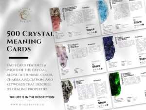 Crystal Cards: A6 Landscape Editable and Printable Meaning Cards. These cards feature a photo of the crystal, along with its name, color, chakra association, and keywords describing its healing properties.