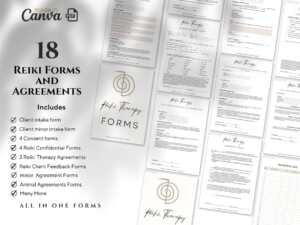18 Reiki Forms and Agreements for Efficient Practice Management. Includes client intake, consent, confidentiality, therapy agreements, and more.