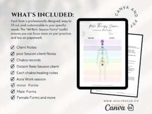 A tablet displaying a chakra record form from the '44 Reiki Session Forms' toolkit, listing various included forms like client notes and aura work sessions