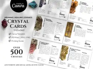 Crystal Cards: A6 Landscape Editable and Printable Meaning Cards. Easily create your own crystal reference cards with our editable Canva templates, PDFs, and JPEGs. Perfect for personal use and crystal shops.