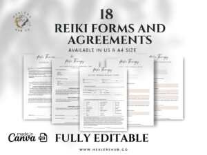 18 Editable Reiki Forms & Agreements for Efficient Practice Management - Client Intake, Consent, Confidentiality & Therapy Agreements in Canva & PDF format.