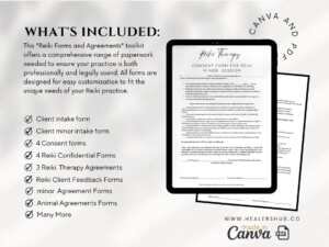 Reiki Forms & Agreements toolkit for efficient practice management. Includes client intake, consent, confidentiality, and therapy agreement templates in Canva and PDF format.