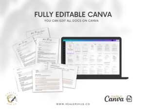 Editable Reiki forms and agreements for efficient practice management. Includes client intake, consent, confidentiality, and therapy agreement templates in Canva and PDF formats.