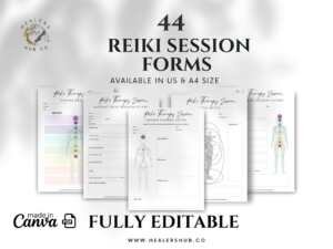 Four editable Reiki Session Forms displayed, highlighting areas for crown chakra notes and auric field observations, in US and A4 size formats, ready for customization in Canva
