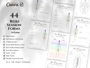 Spread of 44 Reiki Session Forms showcasing sections for client notes, chakra records, and aura work, available for instant download as Canva templates