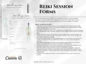Detailed Reiki Session Forms with sections for client details and chakra analysis, and a list explaining the comprehensive contents of the 44-form toolkit, designed for professional use.