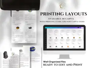 700 Editable And Printable Crystal Meaning Cards With Images A6 cards 6 A collection of crystal meaning cards for healing stones displayed on a printer and computer screen, highlighting customization features and Canva editing options.