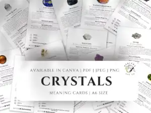 700 Crystal meaning Cards | Crystal Reference Cards | Crystal Information Cards 4 A scatter of A6-sized crystal meaning cards for various stones like Lapis Lazuli and Tiger Eye, available in multiple digital formats.