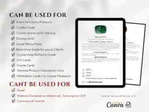 700 Crystal meaning Cards | Crystal Reference Cards | Crystal Information Cards 3 A Malachite crystal meaning card displayed on a tablet, listing potential uses such as training, social media, and oracle cards, with restrictions on resell and commercial license.