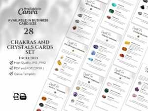 28 Chakras and Crystals Cards Set: Editable, Printable, Chakra Affirmations Crystal Meaning, Canva & PDF Formats