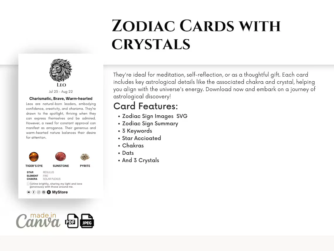 il_1140xN.5518208928_akxn Zodiac Meaning Cards - Astrology, Chakra Guide , Crystal Healing - Business Card Size - Printable & Editable , Canva Template - Explore the cosmic energies with our Zodiac Affirmation Cards. Perfect for astrology lovers, these cards bring personalized insights into each Zodiac sign, from Aries to Pisces. They're ideal for meditation, self-reflection, or as a thoughtful gift. Each card includes key astrological details like the associated chakra and crystal, helping you align with the universe's energy. Download now and embark on a journey of astrological discovery!