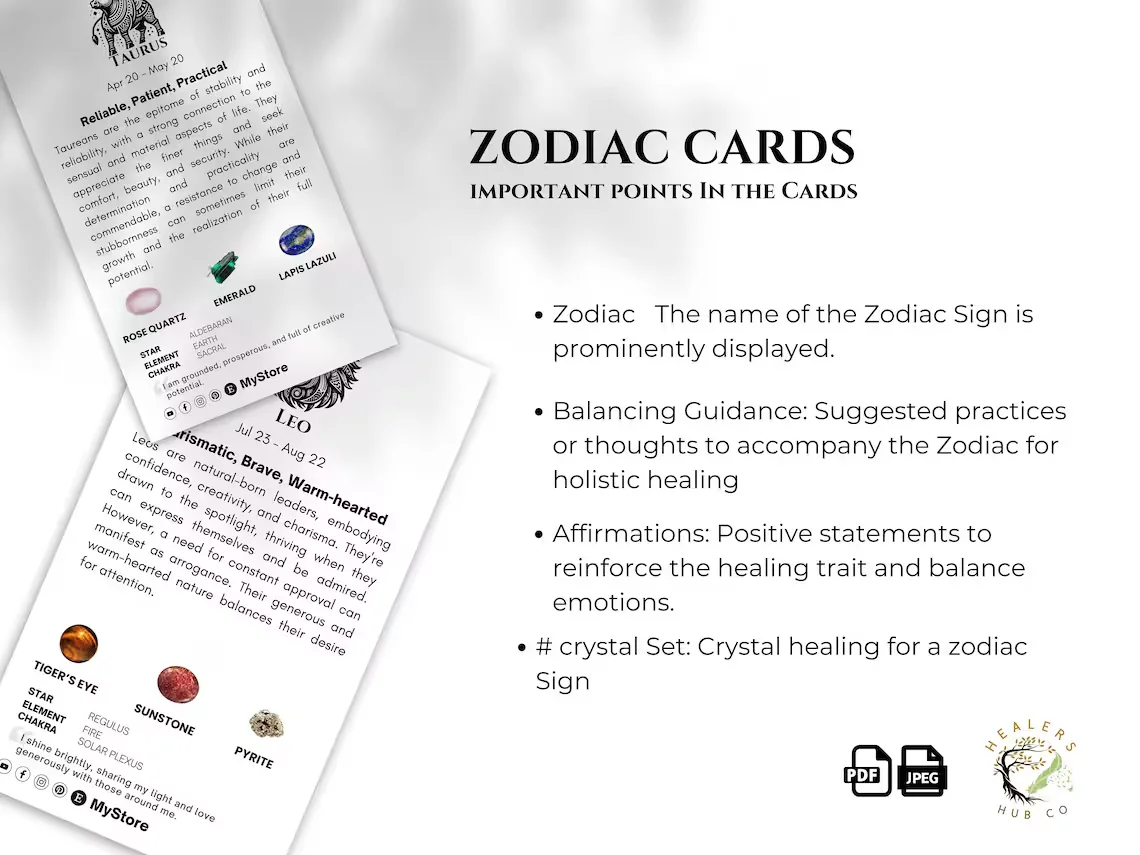 il_1140xN.5518209082_1qro Zodiac Meaning Cards - Astrology, Chakra Guide , Crystal Healing - Business Card Size - Printable & Editable , Canva Template - Explore the cosmic energies with our Zodiac Affirmation Cards. Perfect for astrology lovers, these cards bring personalized insights into each Zodiac sign, from Aries to Pisces. They're ideal for meditation, self-reflection, or as a thoughtful gift. Each card includes key astrological details like the associated chakra and crystal, helping you align with the universe's energy. Download now and embark on a journey of astrological discovery!