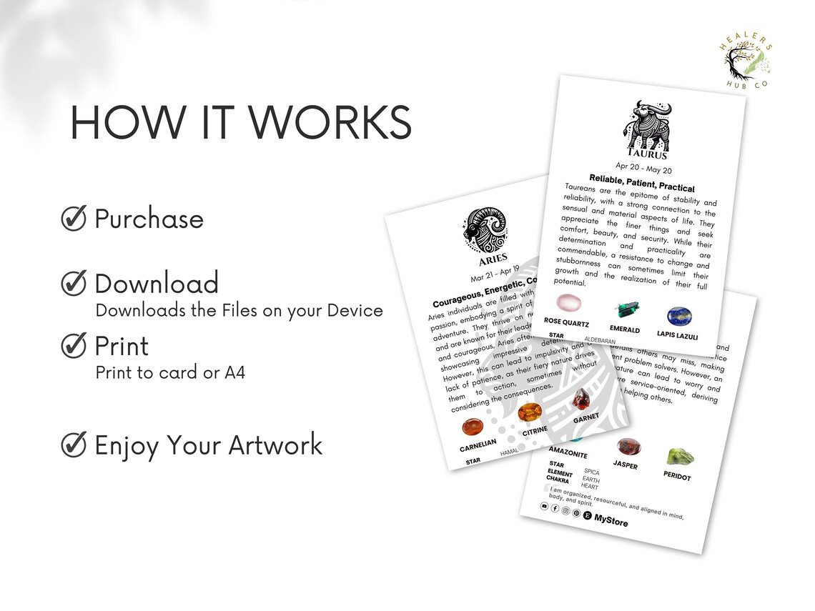 il_1140xN.5518209474_mr7o Zodiac Meaning Cards - Astrology, Chakra Guide , Crystal Healing - Business Card Size - Printable & Editable , Canva Template - Explore the cosmic energies with our Zodiac Affirmation Cards. Perfect for astrology lovers, these cards bring personalized insights into each Zodiac sign, from Aries to Pisces. They're ideal for meditation, self-reflection, or as a thoughtful gift. Each card includes key astrological details like the associated chakra and crystal, helping you align with the universe's energy. Download now and embark on a journey of astrological discovery!