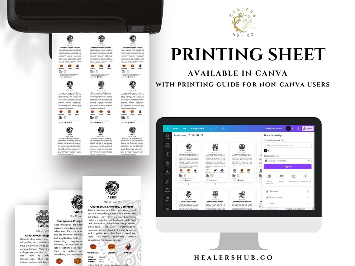 il_1140xN.5518209568_tamr Zodiac Meaning Cards - Astrology, Chakra Guide , Crystal Healing - Business Card Size - Printable & Editable , Canva Template - Explore the cosmic energies with our Zodiac Affirmation Cards. Perfect for astrology lovers, these cards bring personalized insights into each Zodiac sign, from Aries to Pisces. They're ideal for meditation, self-reflection, or as a thoughtful gift. Each card includes key astrological details like the associated chakra and crystal, helping you align with the universe's energy. Download now and embark on a journey of astrological discovery!