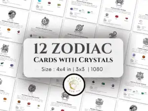Zodiac Crystal Cards 1080, Set of 12 of Editable & Printable Astrology Cards, Zodiac Cards with Crystals, zodiac Birthstones, star sign card