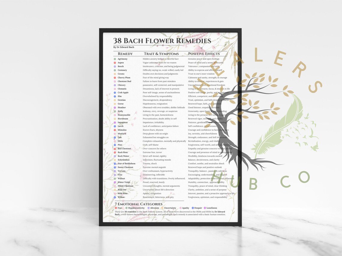 ach Flower Remedies Chart: Find Emotional Balance with Flower Essences A chart showing the 38 Bach Flower Remedies, their corresponding negative emotional states, and their positive effects.