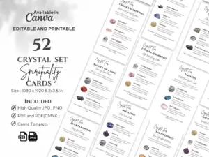 52 Crystal Kit Cards for Spirituality. Editable and Printable Crystal Reference Cards for Chakra Balancing, Meditation, and Spiritual Connection. Includes Clear Quartz, Amethyst, Rose Quartz, Selenite, Black Tourmaline, and more.