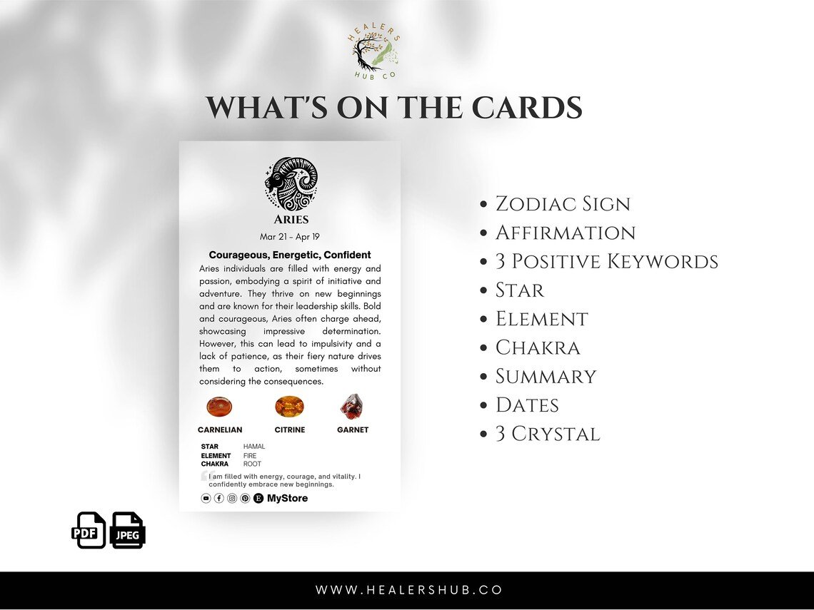 il_1140xN.5566323631_thtw Zodiac Meaning Cards - Astrology, Chakra Guide , Crystal Healing - Business Card Size - Printable & Editable , Canva Template - Explore the cosmic energies with our Zodiac Affirmation Cards. Perfect for astrology lovers, these cards bring personalized insights into each Zodiac sign, from Aries to Pisces. They're ideal for meditation, self-reflection, or as a thoughtful gift. Each card includes key astrological details like the associated chakra and crystal, helping you align with the universe's energy. Download now and embark on a journey of astrological discovery!