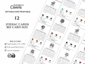 Zodiac Meaning Cards - Astrology, Chakra Guide , Crystal Healing - Business Card Size - Printable & Editable , Canva Templets