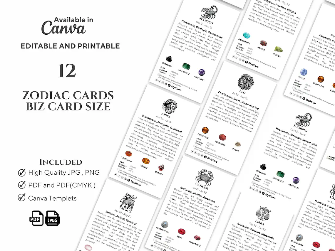 il_1140xN.5566323987_ovit Zodiac Meaning Cards - Astrology, Chakra Guide , Crystal Healing - Business Card Size - Printable & Editable , Canva Templets