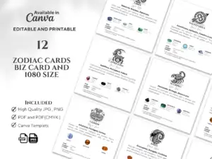 Zodiac Crystal Cards 1080, Set of 12 of Editable & Printable Astrology Cards, Zodiac Cards with Crystals, zodiac Birthstones, star sign card