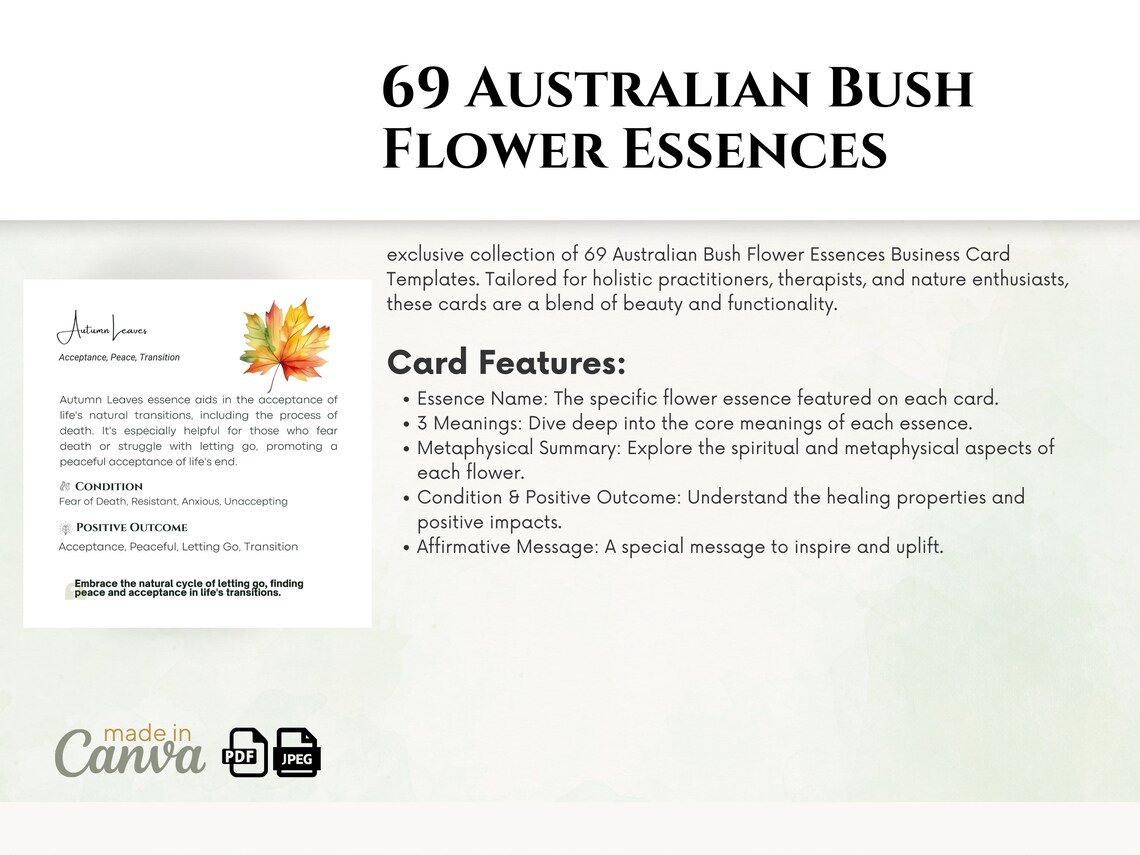080px Sized 69 Australian Bush Flower Essences Cards canva Templet’s An overview of the 69 Australian Bush Flower Essences Cards collection, highlighting the detailed features of each card."