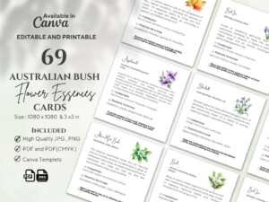 69 Australian Bush Flower Essences 1080 size Card Templates 2 various Australian Bush Flower Essences Cards showcasing their design and content, with editable and printable options in Canva