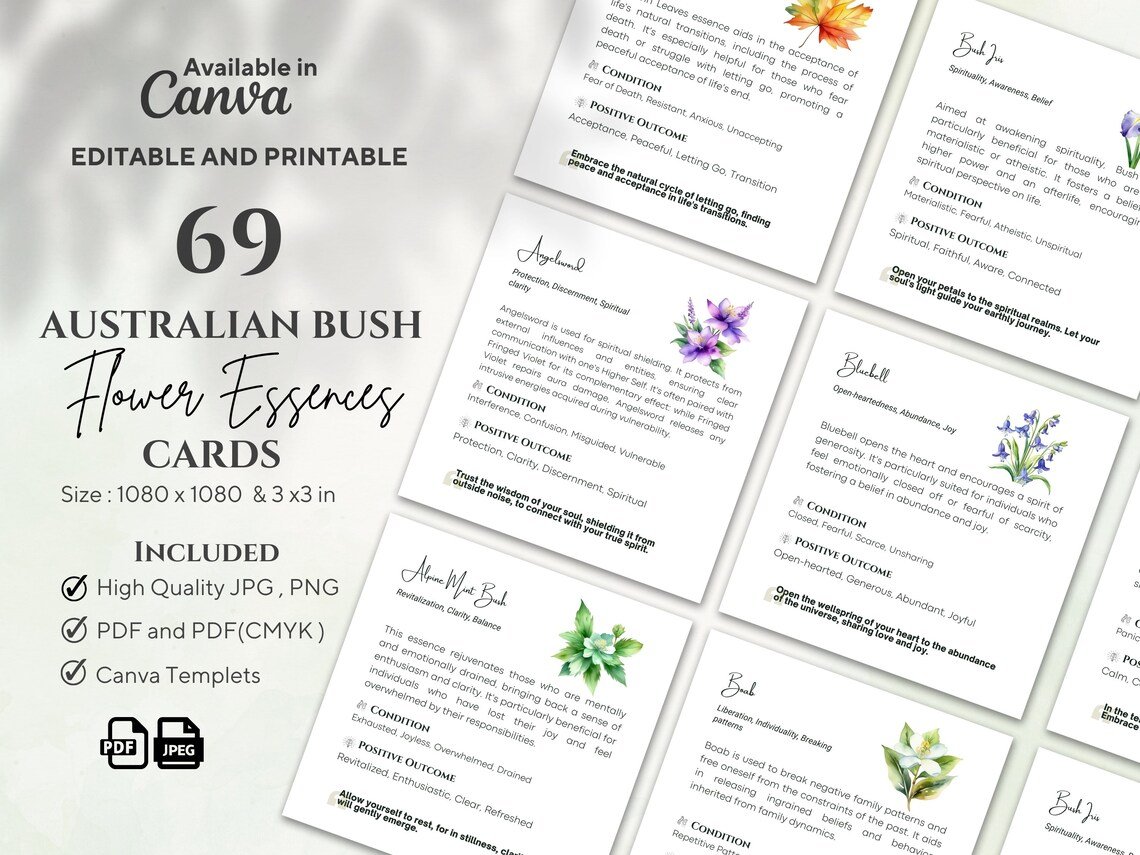 69 Editable Australian Bush Flower Essences Business Cards – Instant Download in Canva various Australian Bush Flower Essences Cards showcasing their design and content, with editable and printable options in Canva